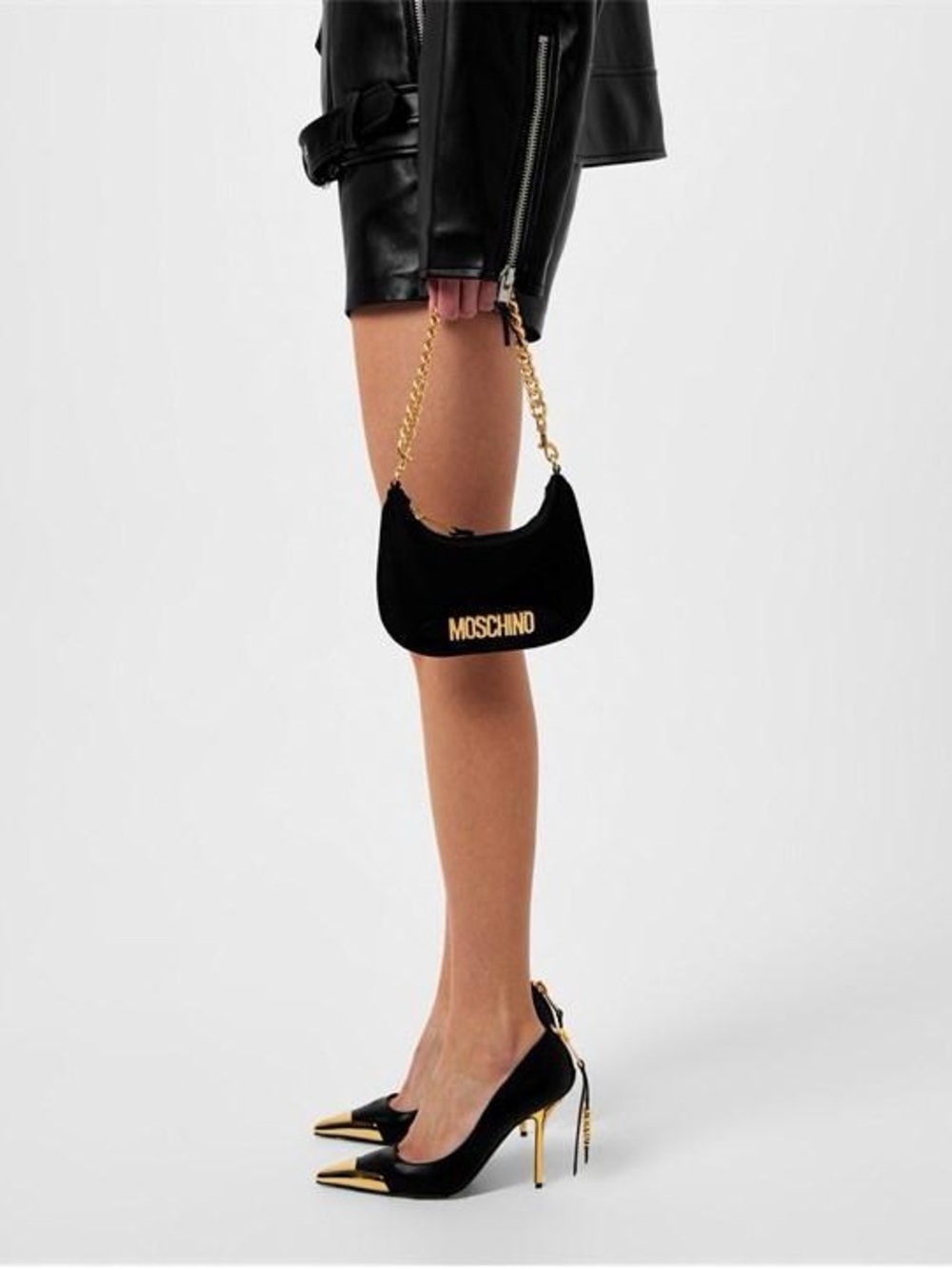 Moschino Black Velvet Mini Shoulder Bag with Gold Chain